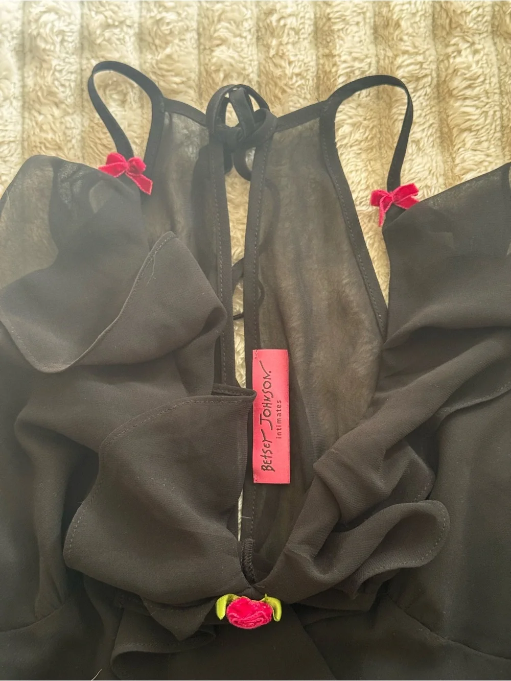 Betsey Johnson Black Ruffle Slip Dress with Pink Accents